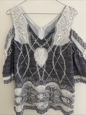 Antonym Gray Knit Cold-Shoulder Top with White Lace Appliqué